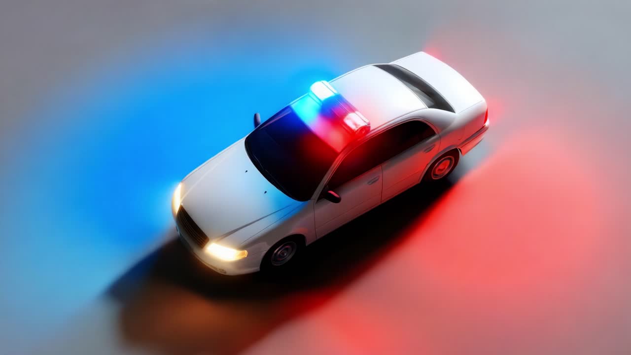 Aerial View of a White Police Car with Flashing Lights, Highlighting Emergency Response and Law Enforcement in Action on a Smooth Surface