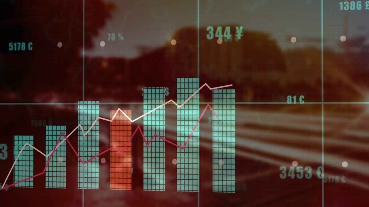 Live data driving finance HUD over blurred road, growing bars, plotting trends, updating fx values