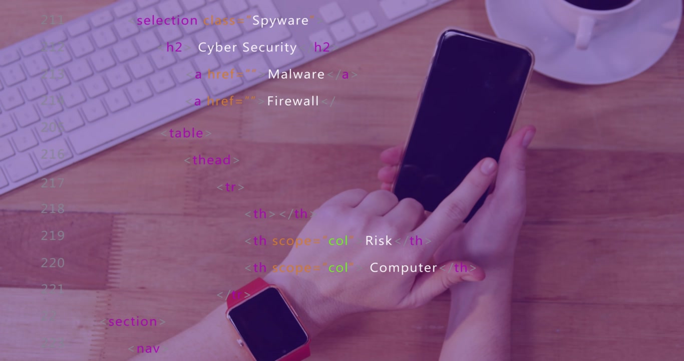 Hands tapping smartphone home button over wooden desk, causing animated cybersecurity text updating