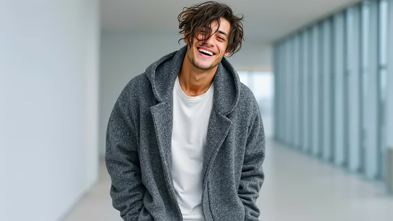 A man in a gray coat walking down a hallway