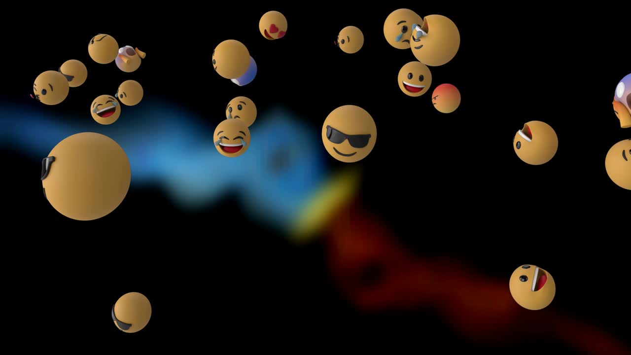 어두운 배경 위에 떨어지는 여러 이모지 애니메이션