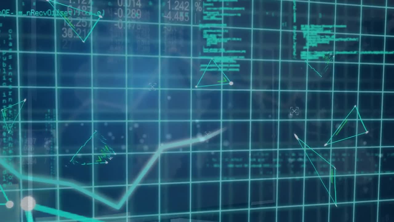 Animation of triangles, graphs and data processing on navy and green digital space