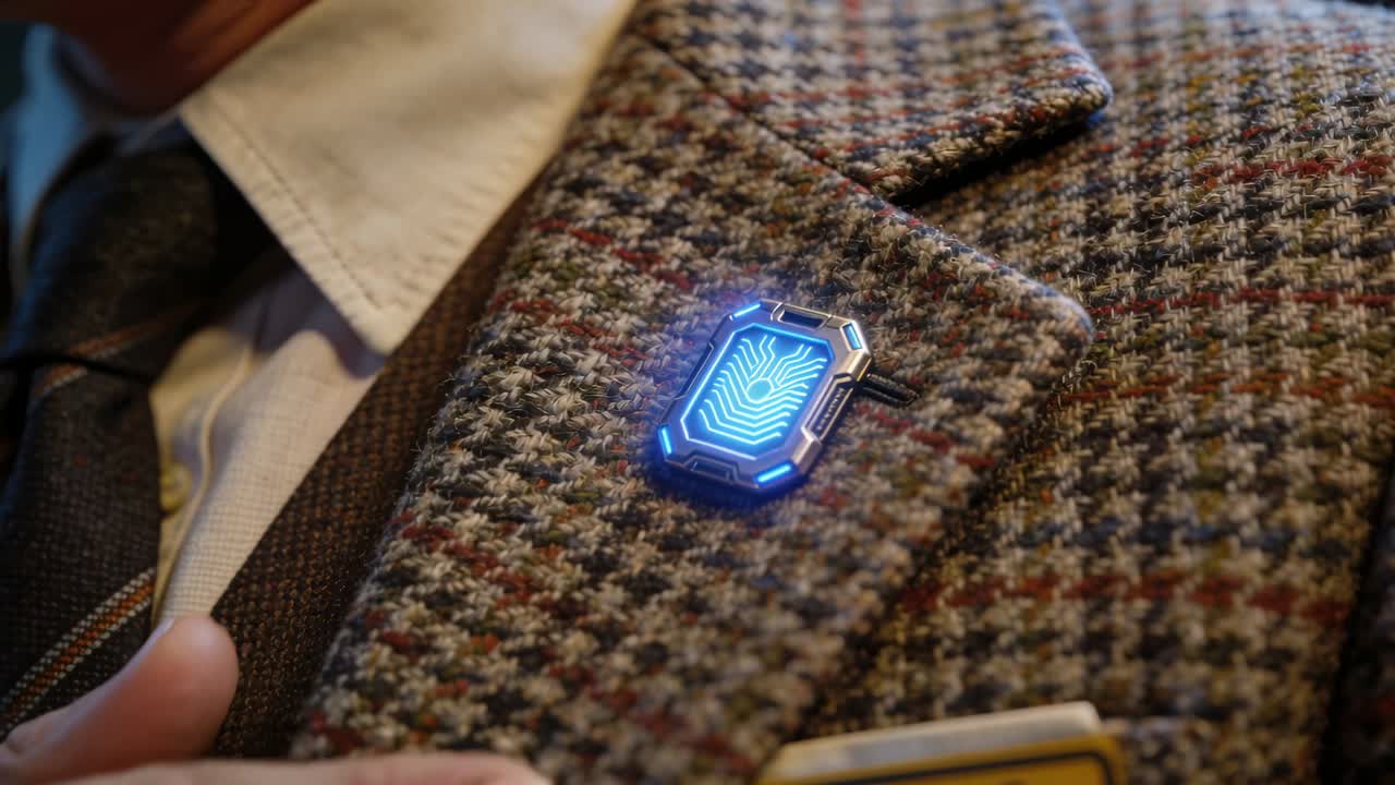 Approaching male hand activating lit lapel badge on tweed jacket at event to show blue fingerprint