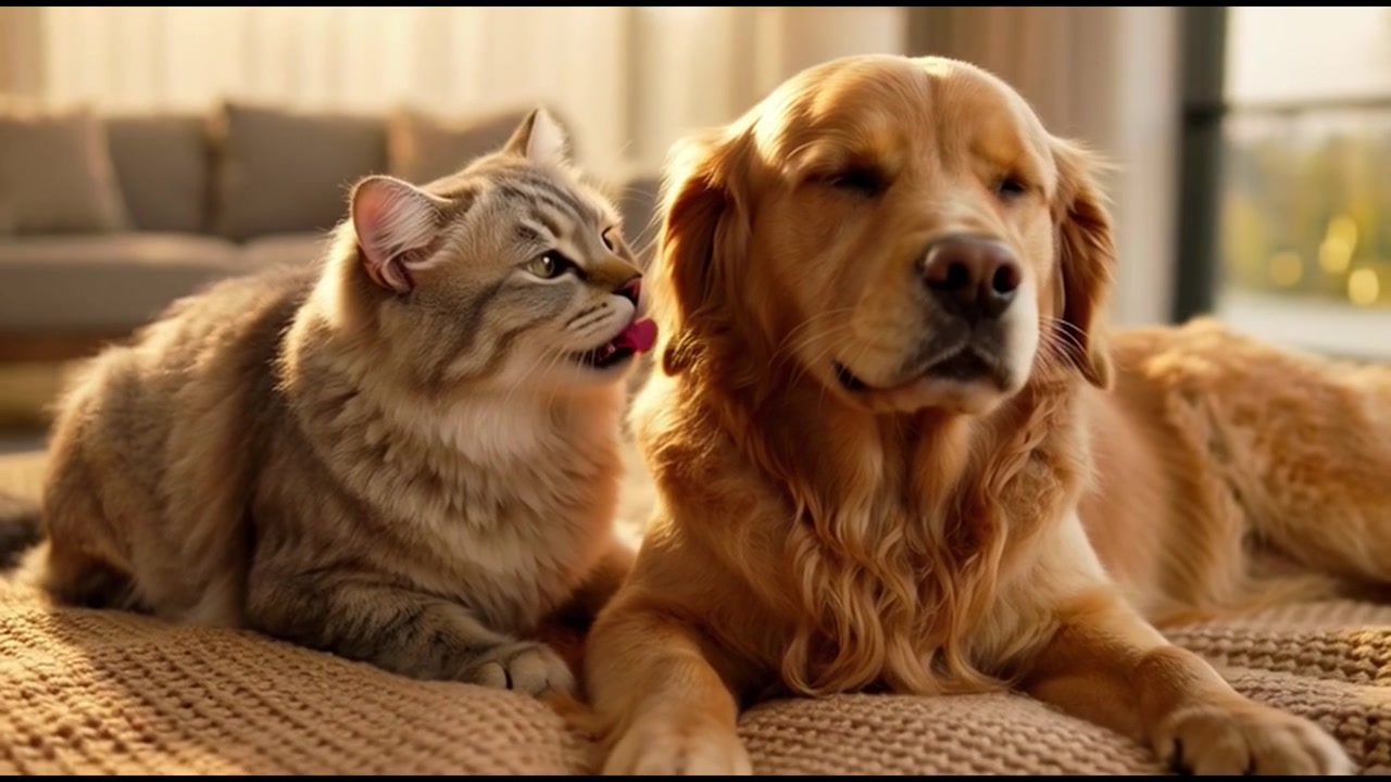 Fluffy Cat Grooming a Golden Retriever Dog on a Cozy Blanket