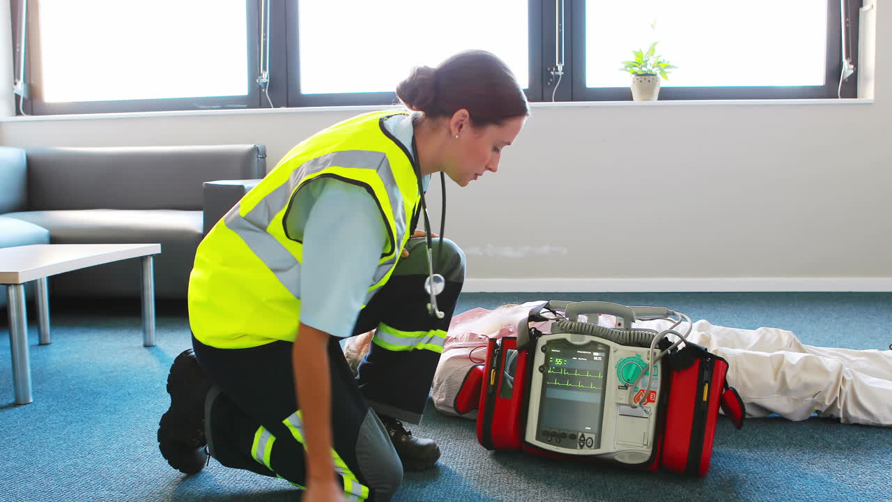 una mujer de ayuda tratando de reanimar a un paciente.