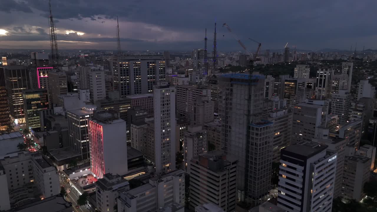 Skylines At Night Over Dense City In São Paulo, Brazil. Aerial Drone Shot