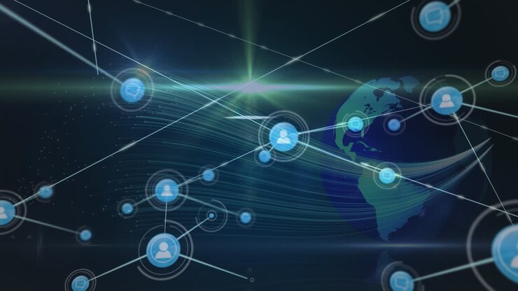 Animation of network of connections with people icons over globe on dark background