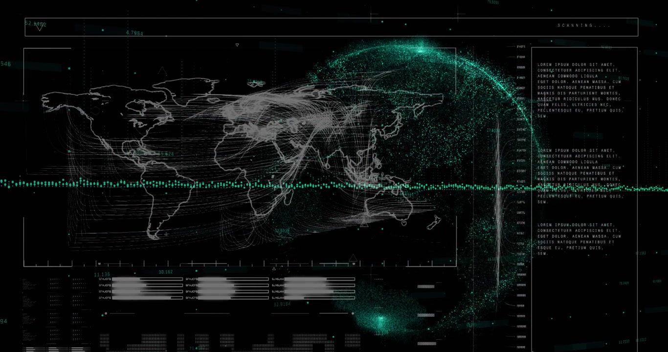 Animated dashboard displays data analysis and a spinning globe on a green screen.