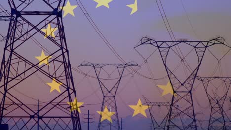 animation of european union flag over electricity pylons in field at sunset