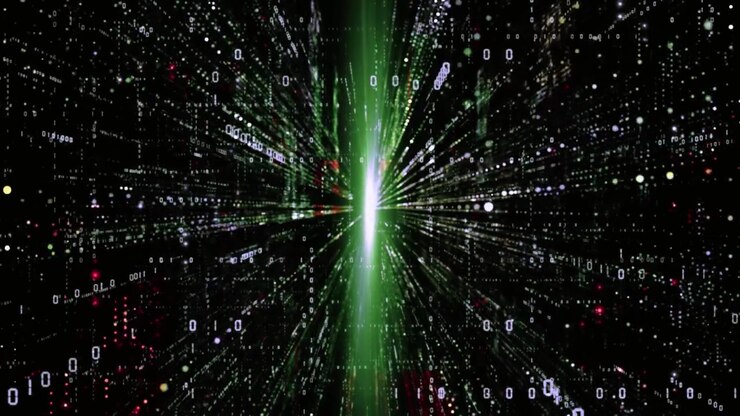 Futuristic Digital Network with Flowing Binary Data and Light