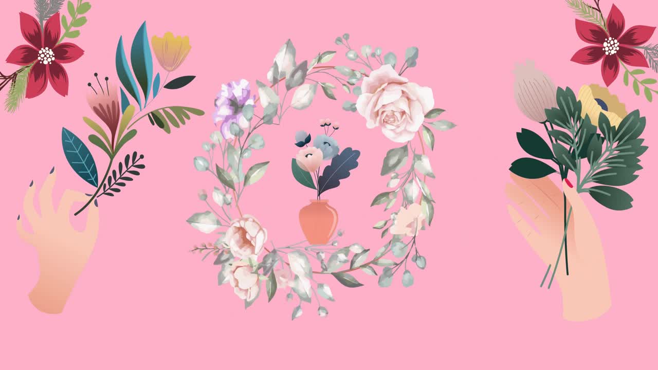 분홍색 배경에서 최면 운동으로 움직이는 꽃의 애니메이션