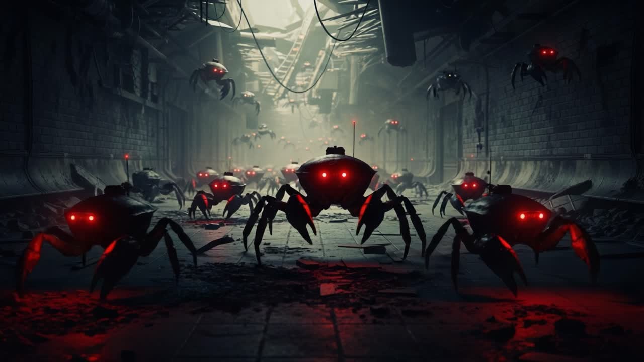 A Haunting Scene of Mechanical Arachnids Emerging from Shadows in a Dystopian Setting, Showcasing Eerie Red Lights and Ominous Atmosphere