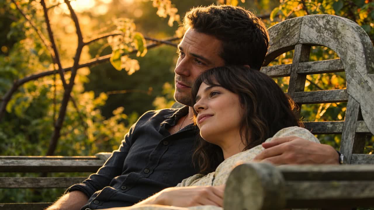 Man and woman sitting on bench in garden for wellness, sunlight intensifying, blossoms floating
