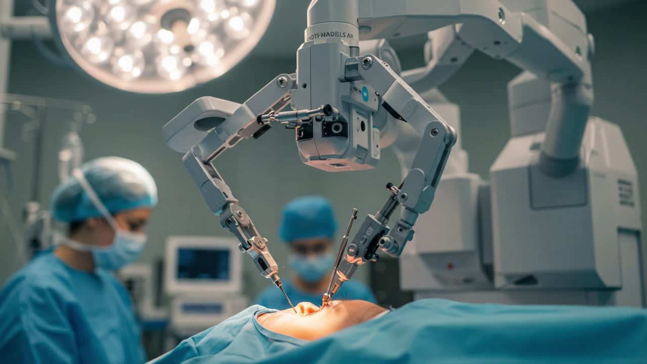 Robotic Surgery in Progress: A High-Tech Surgical System Performs Precision Operations in a Modern Operating Room with Medical Professionals Assisting