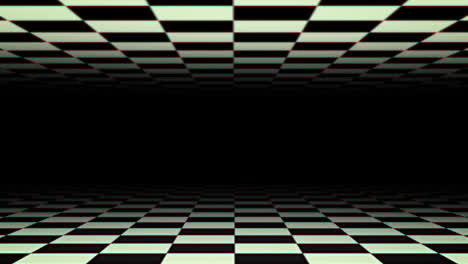 checkerboard black and white squares moving above and below on black background