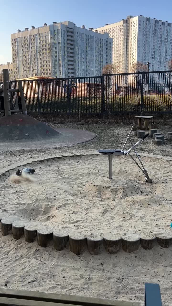 Playground scene with sandbox and city buildings