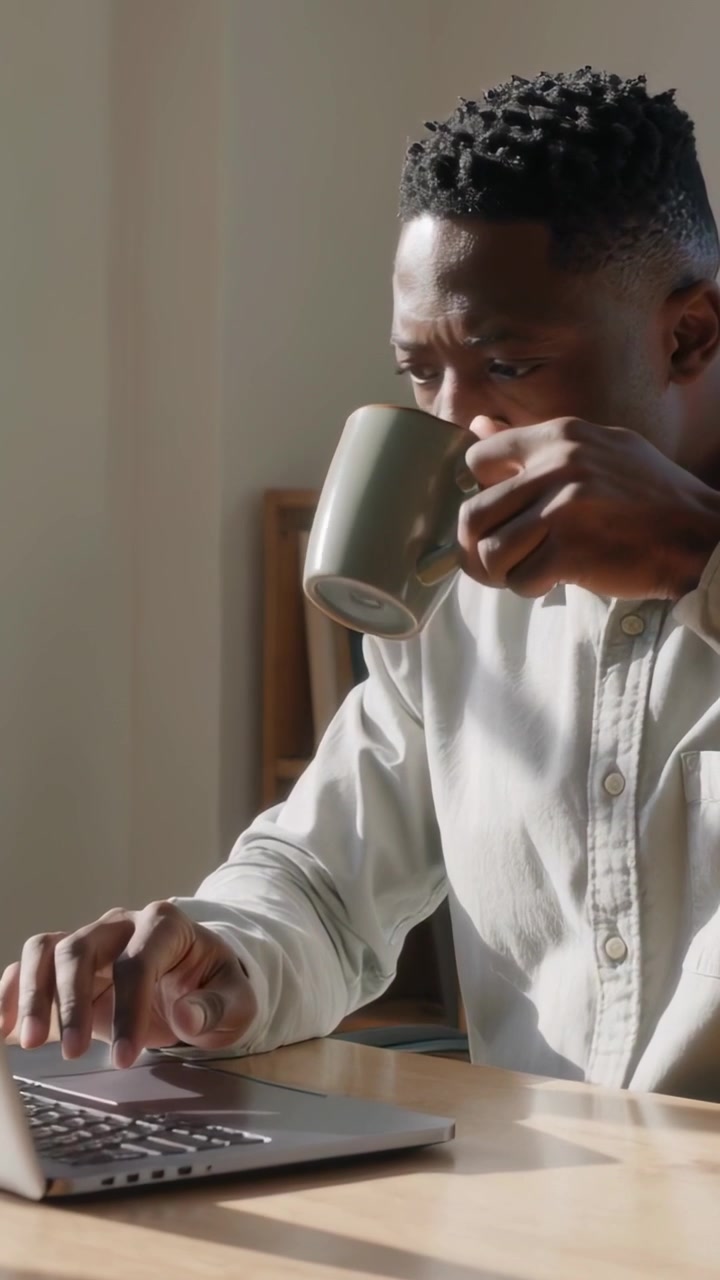 Vertical video: Pausing at laptop, man in shirt grabbing mug, sipping, resuming typing, copy space