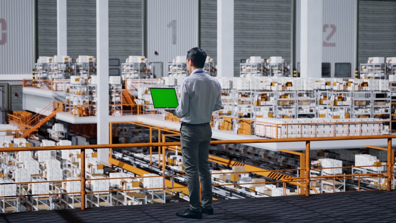 녹색 화면으로 노트북 컴퓨터를 사용하는 아시아 사업가의 전체 몸의 뒷면 모형 디스플레이 창고