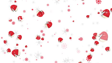 animación de la nieve y los sombreros de santa cayendo sobre un fondo blanco