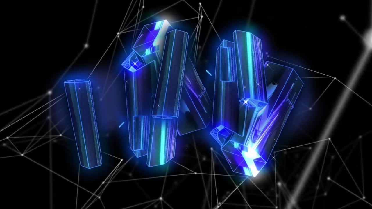 Rotating 3D crystals and glowing lights animation over network of connections