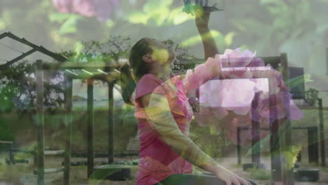 Drinking water outdoors, woman surrounded by vibrant flower animation overlay