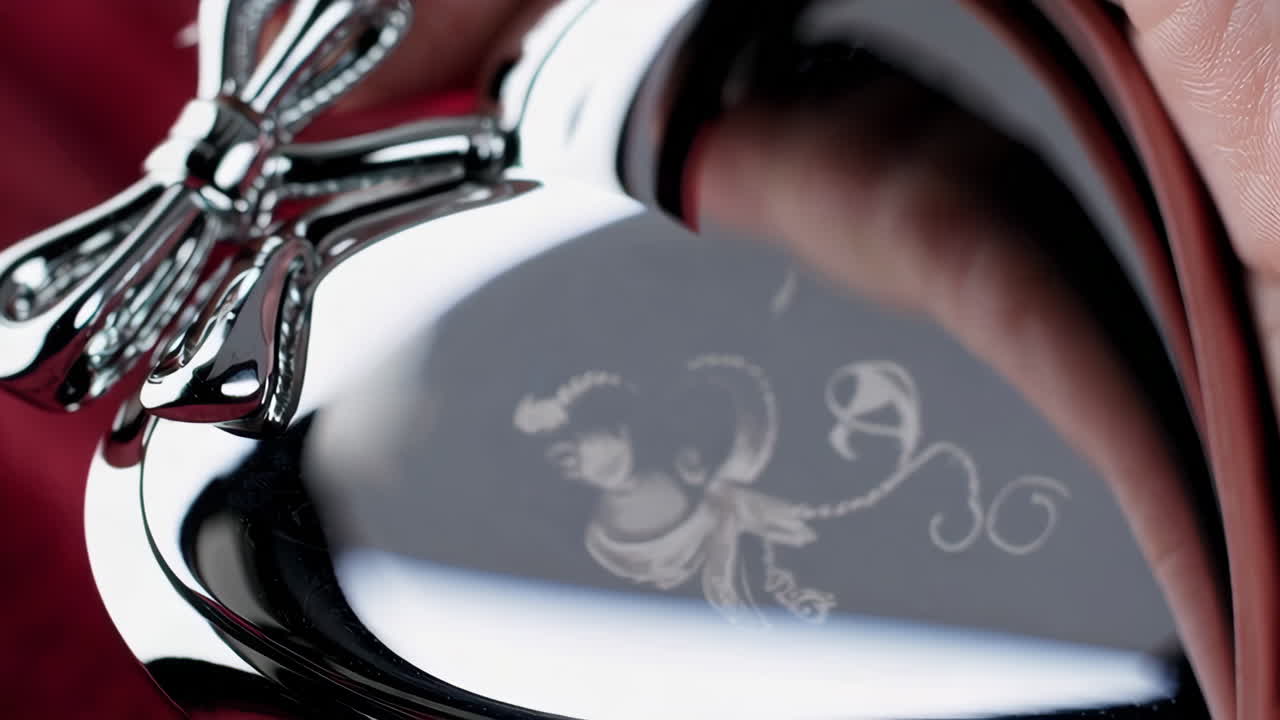 Close-up of an Elegant Heart-Shaped Silver Accessory with Bow and Engraved Design