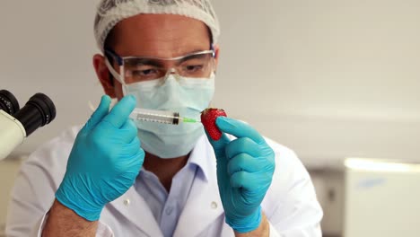 Scientist-injecting-something-into-strawberry