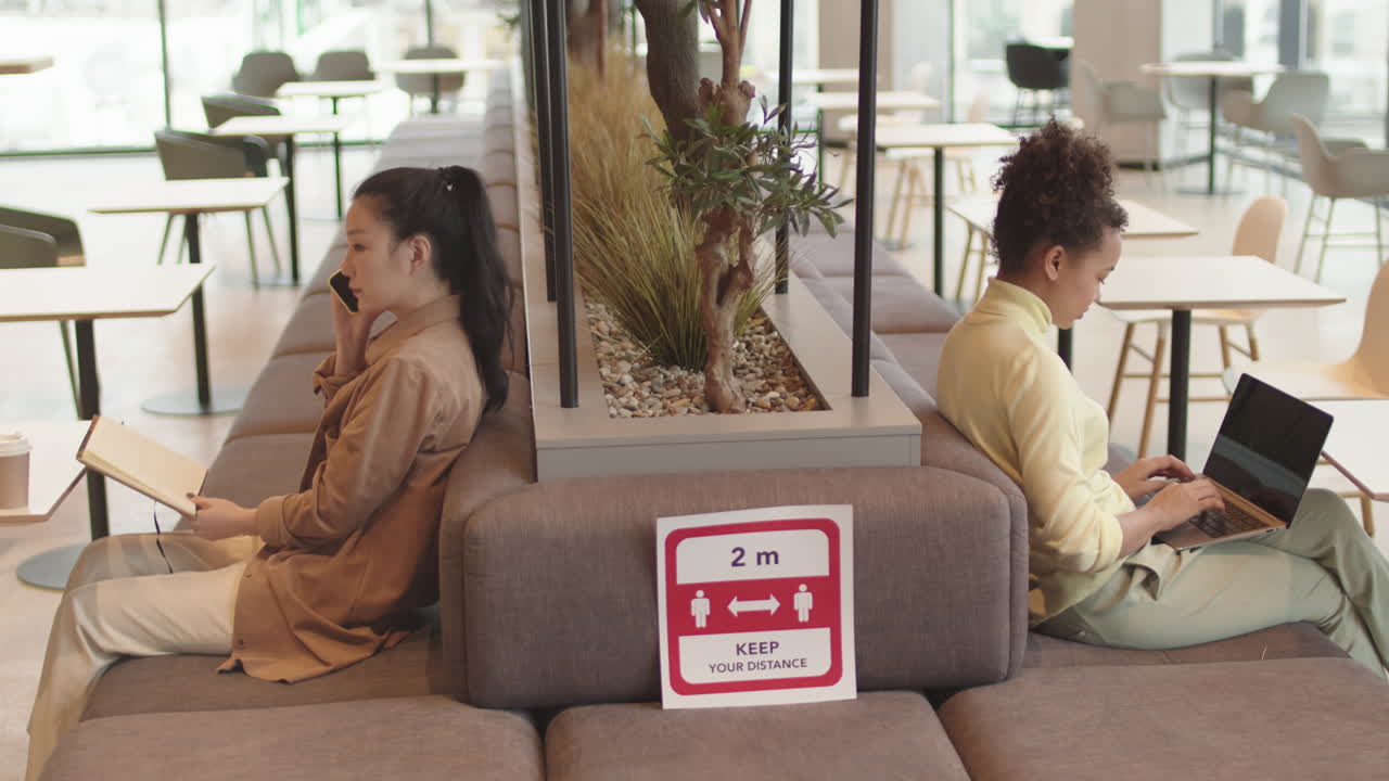 Women Keeping Distance Working in Restaurant