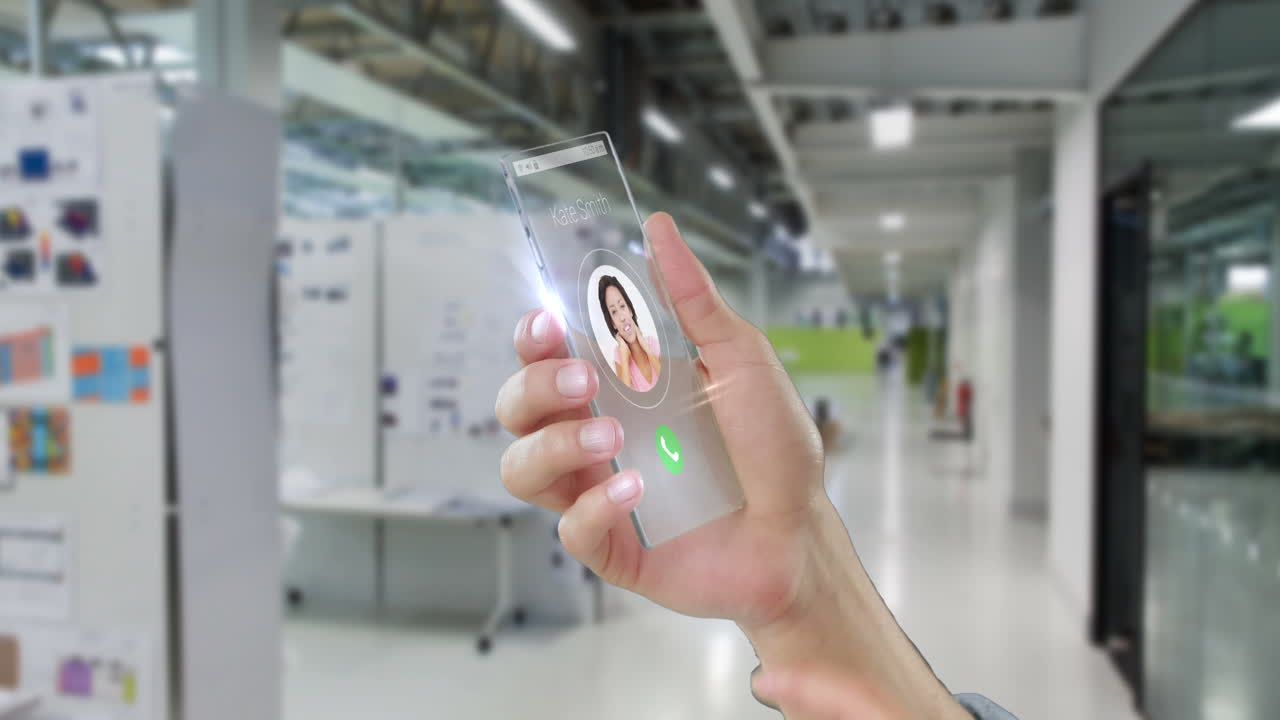 Hand holding futuristic mobile phone against digitally generated background