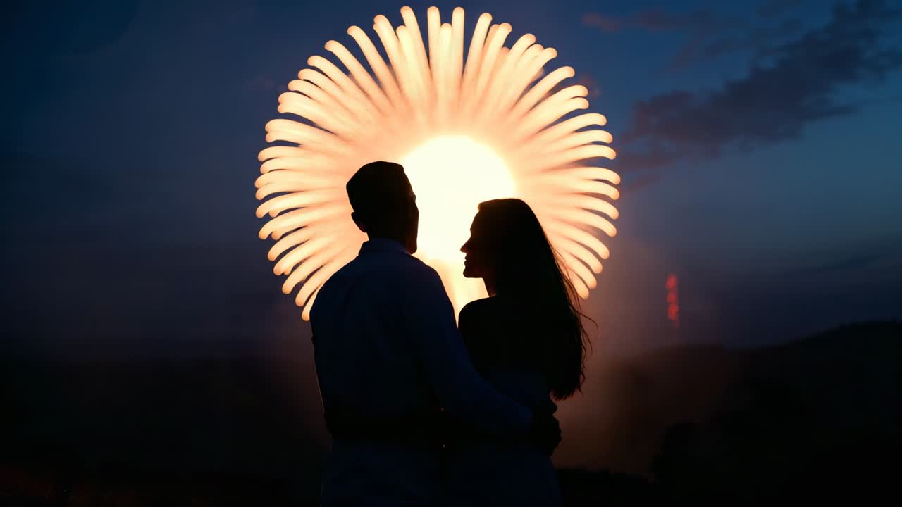 Reacting to firework launching embracing couple watching bursting over hilltop with glowing petals