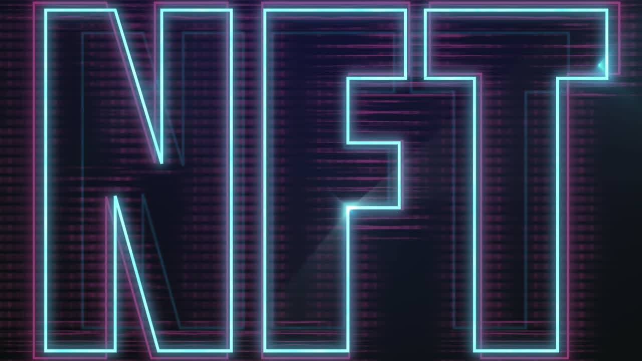 Animazione di testo NFT luminoso al neon delineato in blu e viola su sfondo nero