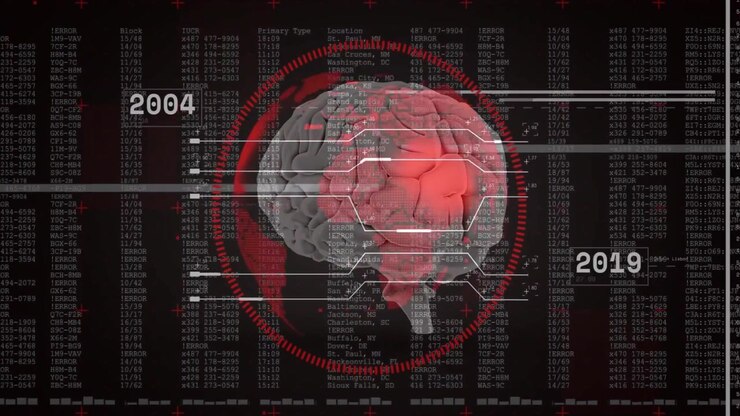Gray 3D brain rotating on startup, red scanning arc pulsing, drawing white lines to timeline labels