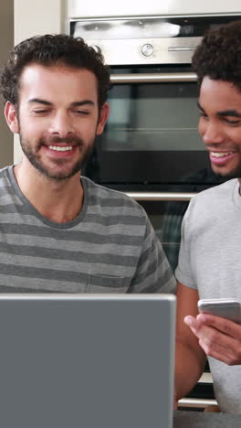 una feliz pareja homosexual usando una computadora