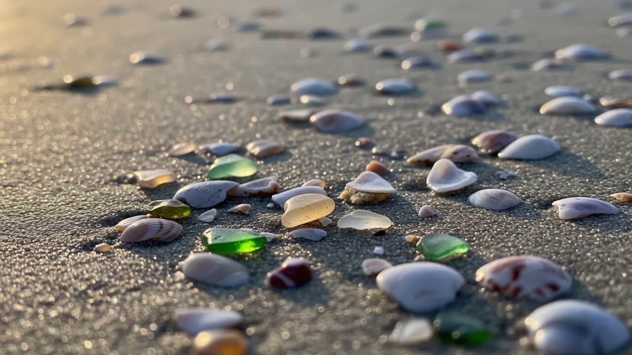 A Close-Up Observation of Beautiful Shells and Colorful Sea Glass on a Sandy Beach at Sunset, Capturing the Natural Beauty and Serenity of the Coastal Environment