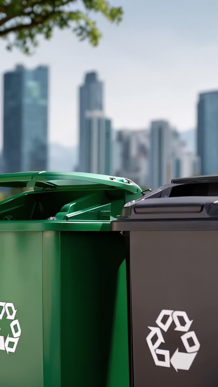 A Sustainable Urban Landscape Featuring Colorful Recycling Bins in a Park Setting with a Modern City Building Backdrop for Environmental Awareness