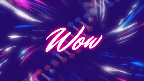 Digitale-Animation-Von-Neonpinkem-Wow-Text-Vor-DNA-Struktur-Und-Lichtspuren-Auf-Blauem-Hintergrund