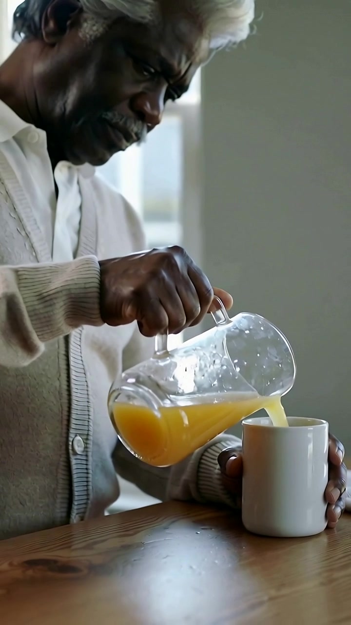 Video vertical: Hombre con cárdigan inclinando una jarra y vertiendo zumo de naranja en una taza para beber en la mesa.
