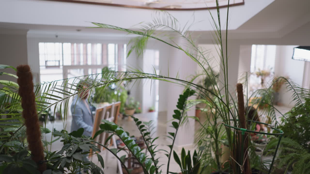 plantas exóticas en macetas en el estudio del artista. plantas de interior verdes y exuberantes cultivadas para la decoración interior en la galería del pintor. sesión de dibujo en vivo en el taller de arte