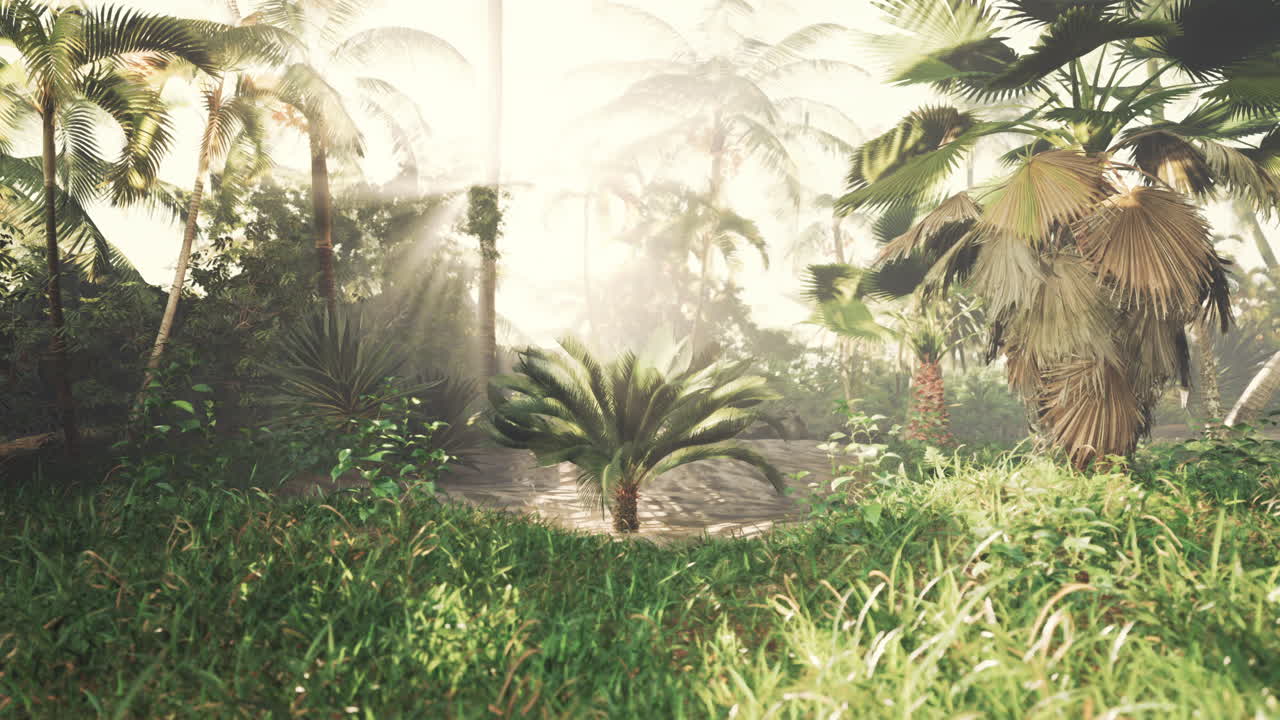 rayos de sol a través de una exuberante selva tropical