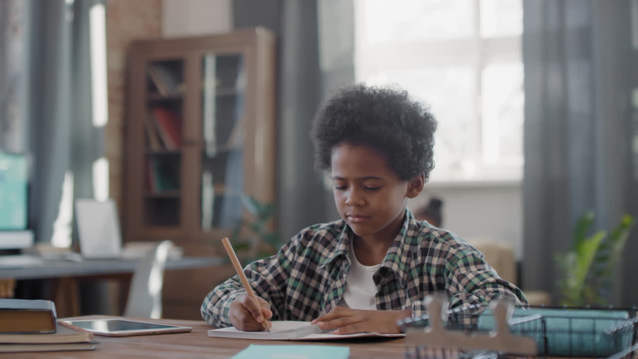 Afro Boy Studying At Home