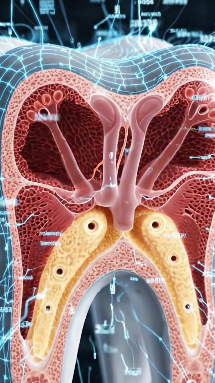 Una visualizzazione dettagliata di un modello di dente che mostra tecnologia dentale avanzata, evidenziandone la struttura e la texture in un ambiente ad alta tecnologia.