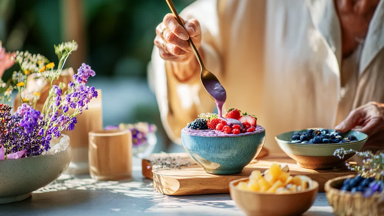 Delightful Presentation of a Colorful Smoothie Bowl Topped with Fresh Berries, Edible Flowers, and Fruits, Perfectly Garnished for a Healthy Breakfast or Snack in a Sunlit Setting