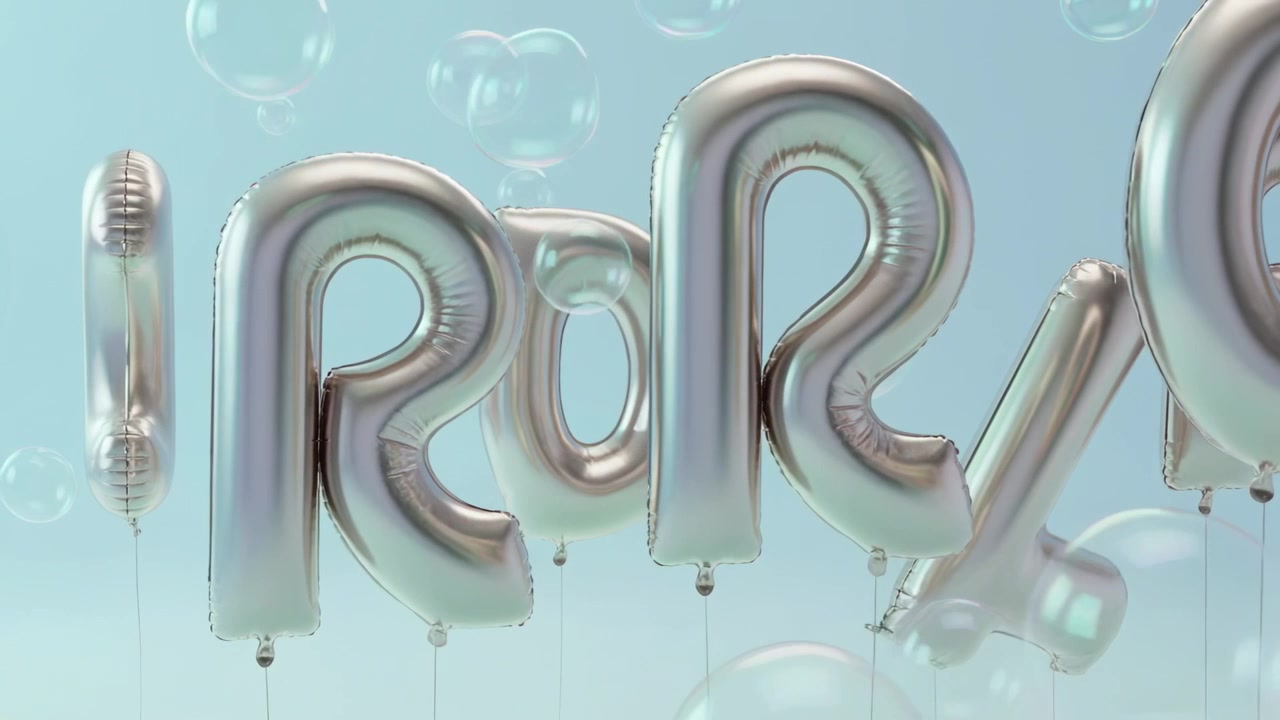 Panoramica della telecamera che mostra palloncini a forma di lettere in oro rosa metallizzato su fili sottili in un ambiente pastello, con bolle che salgono.