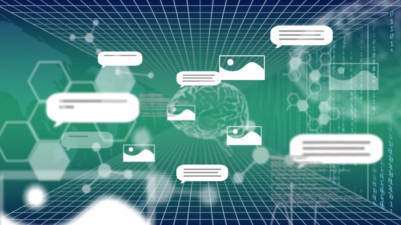 Animation of ai text and icon, data processing over brain