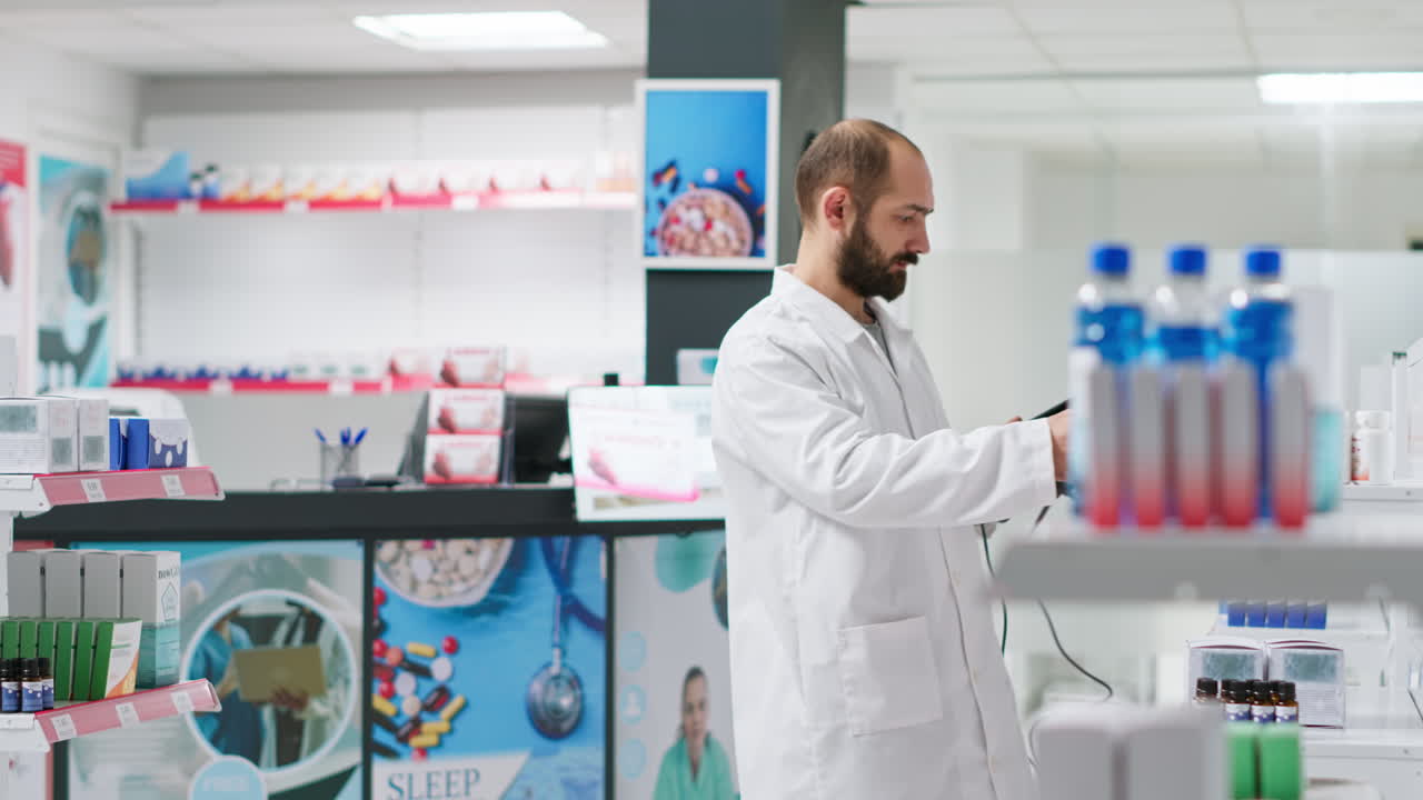 Farmacista che scansiona le scatole di prodotti medici nel negozio di assistenza sanitaria