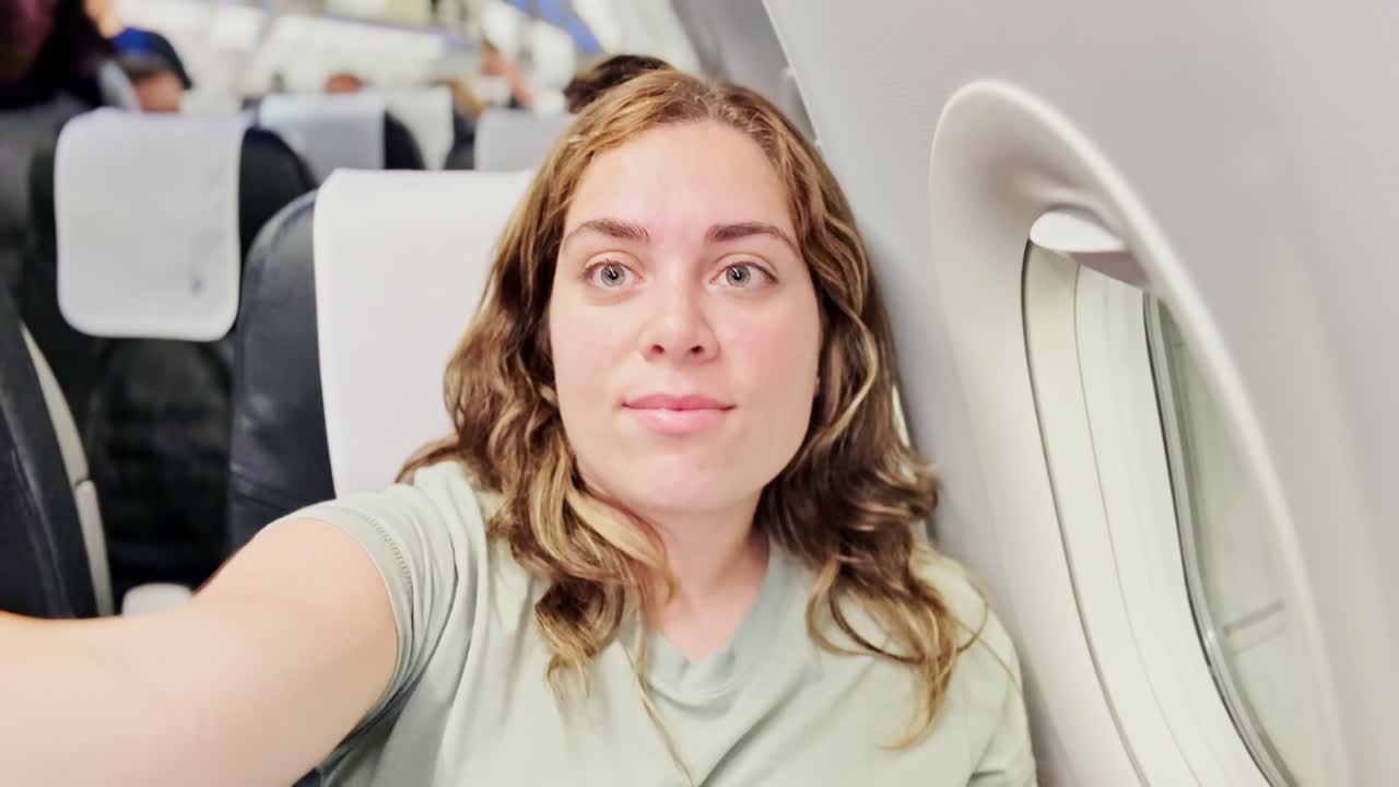 Woman Looking Thoughtfully Out of an Airplane Window