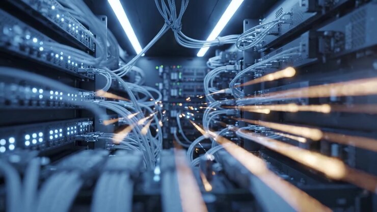 Advanced Data Center: High-Tech Container Packed with Cutting-Edge Servers and Cables Showcasing Modern Computing Power and Efficient Storage Solutions