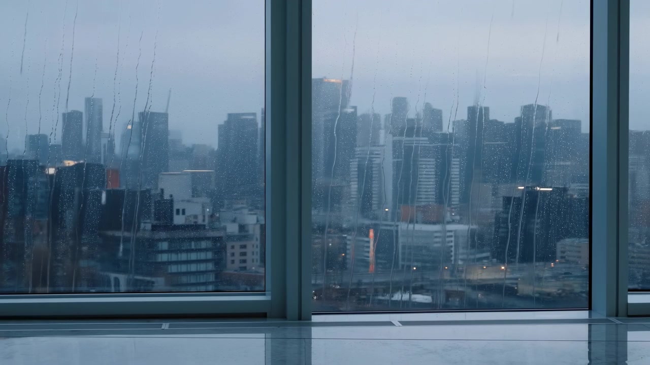 Interior view through tall glass window with metal mullions showing rain beads and runoff streaks across panes, soft reflections, blurred high-rise skyline, muted dusk light, and calm urban