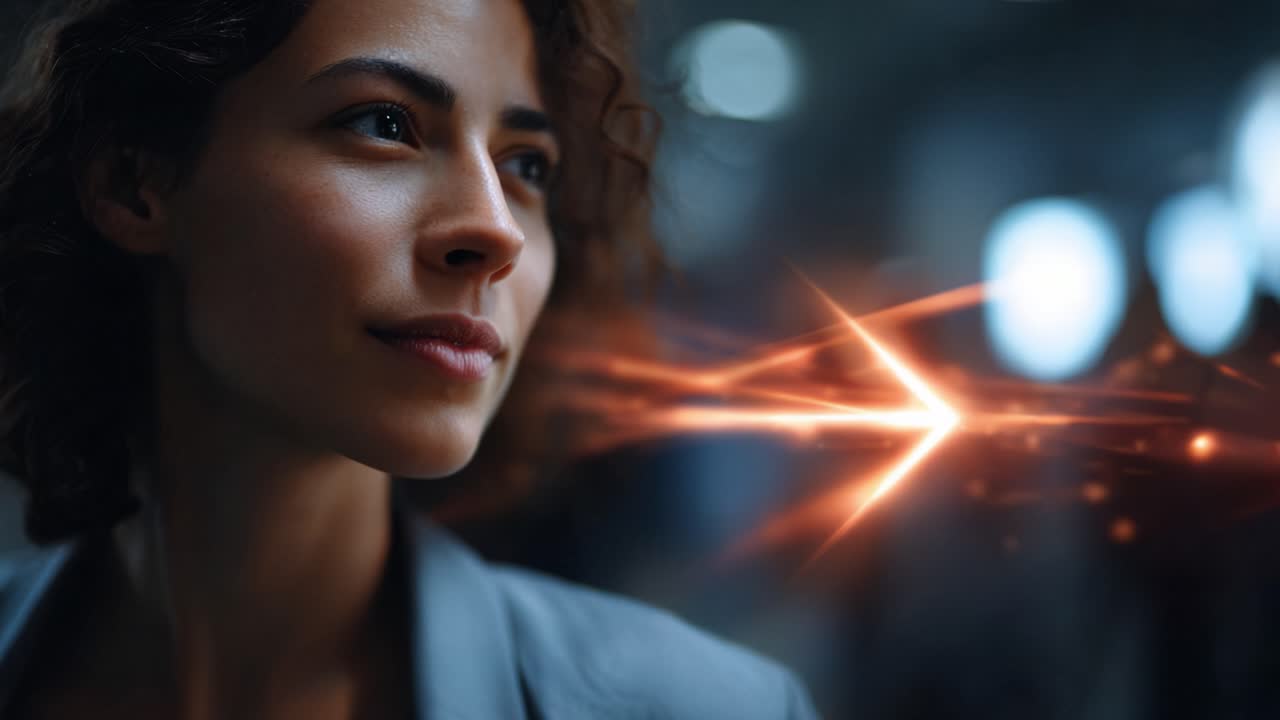Uma mulher olha pensativamente enquanto faíscas de energia fluem ao seu redor em um ambiente vibrante e dinâmico, capturando um momento de inspiração e discernimento em meio ao caos