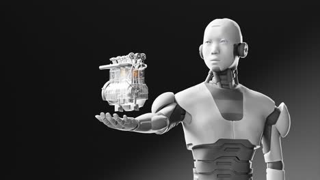 un robot sostiene el prototipo del motor, un descubrimiento revolucionario.